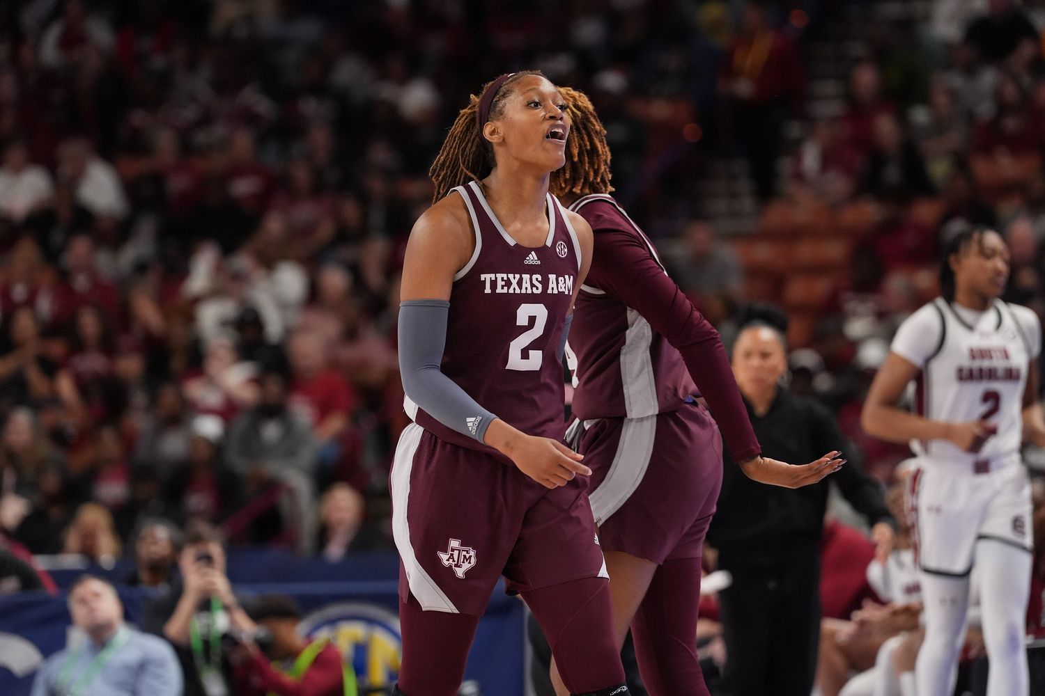 Texas A&M Aggies forward Janiah Barker reacts to a foul call against the South Carolina Gamecocks.